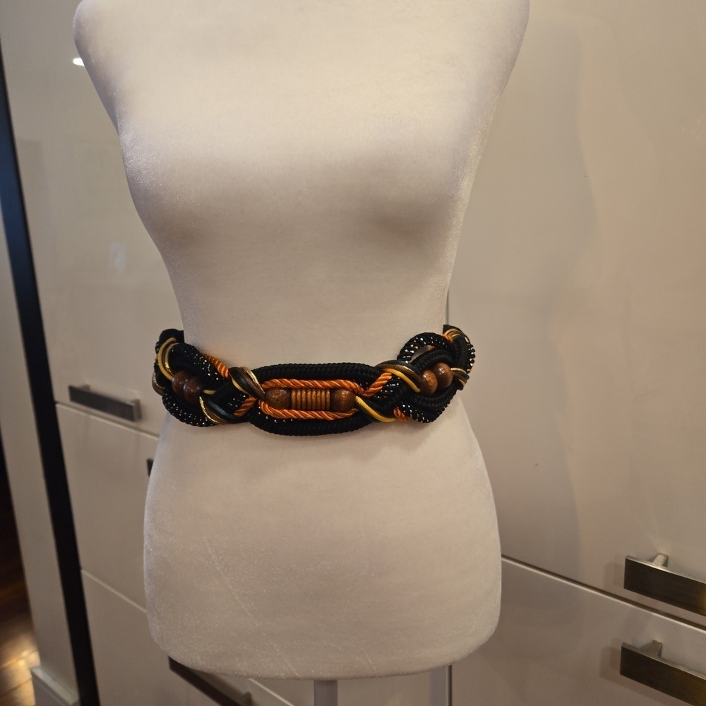 Vintage Braided Nylon Embellished Wood Accent Belt Womens Medium Large
